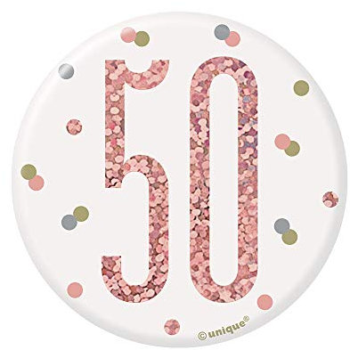 50. Geburtstags-Anstecker - 7,5 cm - Glitzer-Roségold-Geburtstag
