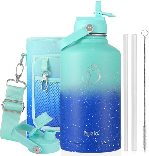 BUZIO 2L Edelstahl Trinkflasche isoliert mit Strohhalm & Ausgussdeckel | Große Wasser-Thermoflasche aus Metall, 48h kalt & 24h heiß, auslaufsichere Trinkflaschen,BPA-frei, für Fitnessstudio, Reisen