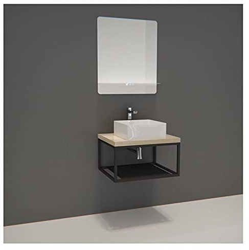 MOB-IN Meuble de Salle de Bain Bois et Métal Will - Plan de Toilette Suspendu 60 cm + Structure métal Noir Mat + Vasque + Miroir