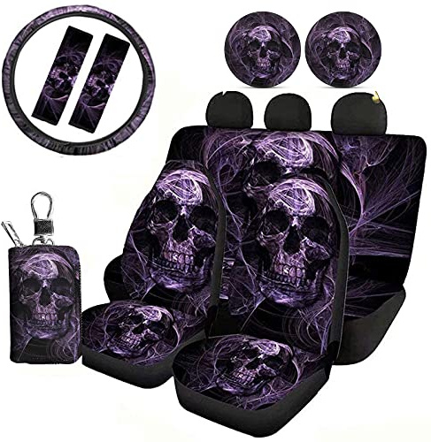 Jeiento Autositzbezüge, TotenkopfDesign, komplettes Set, 10 Stück, Vorder und Rücksitzbezüge, SUV, Auto, Limousine, mit Lenkradbezug, Sicherheitsgurtbezug, Untersetzer und Schlüsselanhänger,