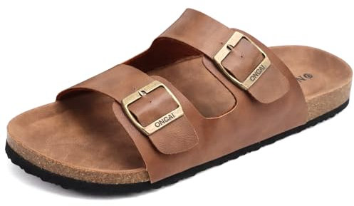 ONCAI Homme Sandales Cuir Claquett de Plage Loisir Bout Ouvert Liège Chaussures Été Confortable à l'intérieur et à l'exterieur Plat Mules Sandales Kaki EU 46