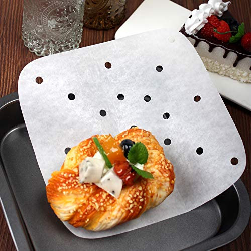 RUIYWEN 100 Fogli di Carta Quadrata con Fori Carta da Forno Antiaderente per Cottura a Vapore Steam per Friggitrice ad Aria (20cm)