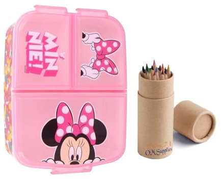 Minnie - Lonchera reutilizable con 3 compartimentos múltiples, incluye juego de lápices de tamaño medio (Minnie 1)