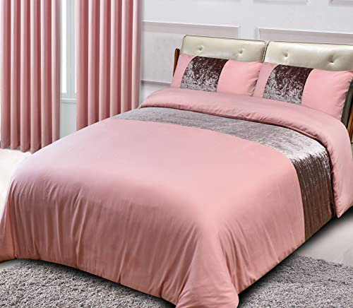 CHARKHAH Crushed Velvet Panel Band Duvet Cover Bedding Set Ultra Soft Breathable Fabric for Single Double King Size Bed with matching Pillow Cases 2 Pack (King, Blush-Pink)