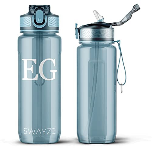 Swayze Personalised Water Bottle with Straw 800ml Water Bottle, CUSTOM INITIALS, BPA Free Leakproof Lockable Flip Lid Drink Bottle Sports Gym School Him Her Gift (Blue)