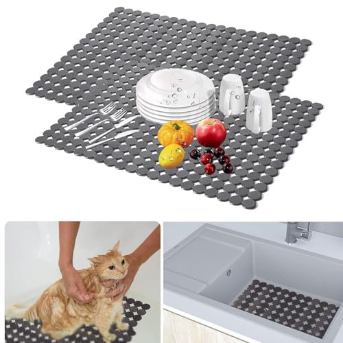 Goldmeet 2 Spülbeckenschutzmatte für Keramikspülen/Edelstahl, Schneidbare Spülmatte für Schnelle Entwässerung, PVC Geschirr Abtropfmatte für Badezimmer, Küche, Arbeitsplatte, 30 x 40 cm(schwarz)
