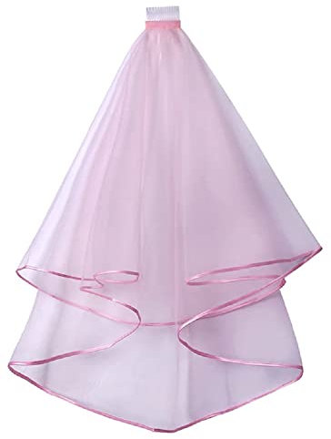Mittellanger Schleier aus Tüll mit Klammer, Satin-Rand, Hochzeitszubehör, Rosa, One size