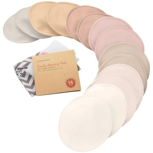 Assorbilatte di Bambù Organico - 14 Cuscinetti Lavabili + Borsa da Bagno - Cuscinetto per Capezzolo per Allattamento in Maternità (Neutrals, M 10 cm)