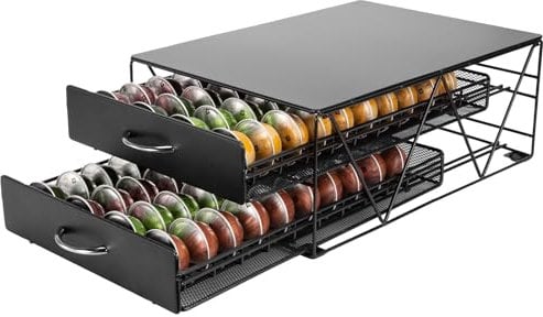 SYSYLY Porte Capsule pour 80 Vertuo Capsules, Support de Machine à Café avec 2 Tiroirs de Rangement Dosettes, Boite Range Dosettes Vertuo,Distributeur/Organisateur Capsules en Métal.