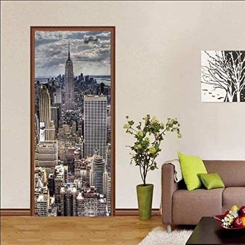 Sticker Porte Effet 3D Vue Sur Les Gratte-Ciel De New York 100 X 215 Cm / 39,37 X 84,64 Pouces - Autocollant Porte Trompe L'Œil - Poster De Porte - Stickers Muraux Salon Porte, Cuisine, Chambre, Sall