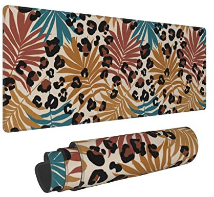 Großes Gaming-Mauspad, erweiterte abstrakte tropische Blätter, Grunge, Leoparden-Camouflage-Mauspad, niedlich, groß, lang, genähte Schreibtischmatte für Laptop, Frauen und Büro, 80x20 cm