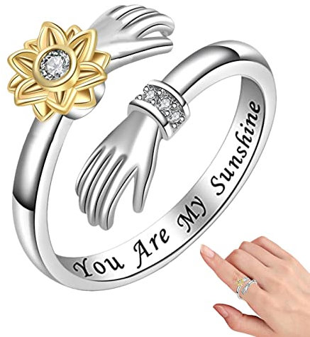 Tu Sei My Sunshine Silber - offener Initialring - Spinner mit Initialbuchstaben aus Sterlingsilber, Blume Fidget Rin für Damen und Mädchen