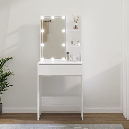CIADAZ Schminktisch mit LED, Schminken Tisch, Frisiertisch, Kosmetiktisch, Schminkkommode, Schmink Tisch, Make Up Tisch, Hochglanz-Weiß 60x40x140 cm