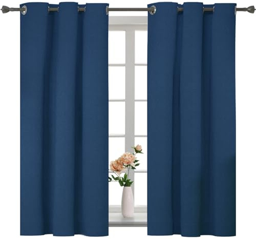 YSTELLAA 100% Gardinen Blickdicht 2er Set, 117×137cm,Thermovorhang Leinenoptik Kälteschutz, Schallschutz Gardinen Mit Ösen, Verdunklungsvorhänge Wohnzimmer, Schlafzimmer, Blau