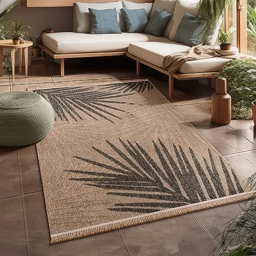 Paco Home Hochwertiger Outdoor Teppich Wetterfest & Pflegeleicht Jute-Sisal-Optik mit Fransen & Hoch-Tief-Effekt Langlebig für Terrasse, Balkon, Garten & Küche, Grösse:240x340 cm, Farbe:Beige 2