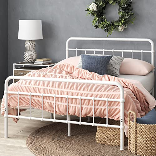 Zinus Florence Cama 135x190 cm - Altura 30 cm con almacenamiento debajo de la cama - Marco de cama de plataforma de metal con cabecero y piecero - Blanco