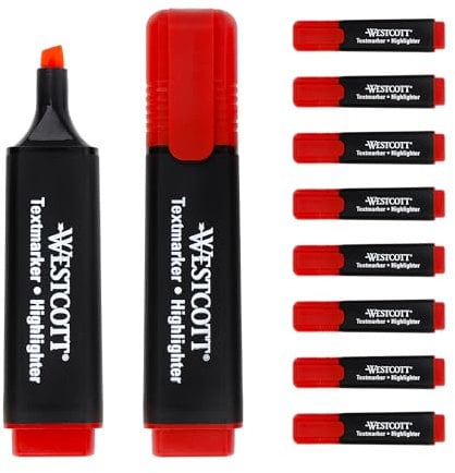 Westcott Textmarker 10 Stück rot | 10er Pack Highlighter Marker in leuchtendem Rot | 2-5 mm Strichstärke | Premium Tinte aus Deutschland | E-743648 00