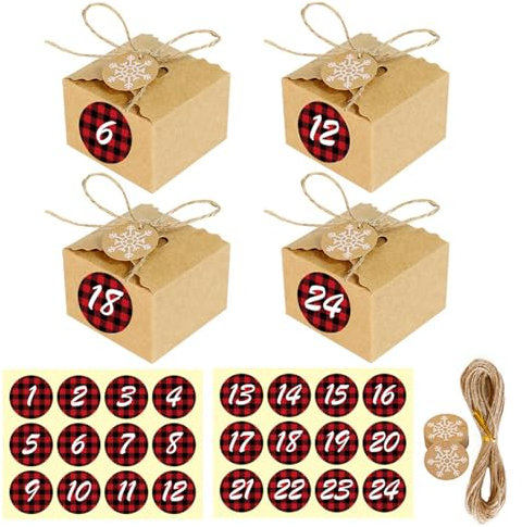 itrimaka Adventskalender-Boxen zum Befüllen | 24 Stück -Weihnachts-Countdown-Kalender mit Bindfaden, Anhänger und Zahlenaufklebern - Befüllbarer Countdown bis Weihnachten, Leere Süßigkeitenbox