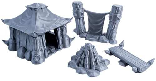 3D Vikings Orc Camp Set: Rustikale Kabine, Kampfbanner, gemütliches Lagerfeuer und Holzbank – 28/32 mm Maßstab, unlackiertes Grau – ideal für Tisch-RPGs und Kriegsspiele