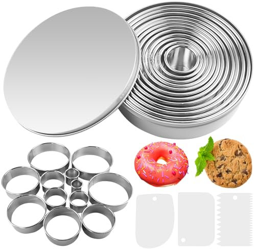 VEPEPE 12 Stück Plätzchen Ausstecher Rund Alle Größen mit Tortenschaber, Ausstechformen Rund aus Edelstahl, Ringe Keksausstecher für Behandeln Dough, Keks, Lebkuchen, Donut, Küche Zubehör