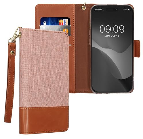 kwmobile Hülle klappbar kompatibel mit Apple iPhone 15 Handyhülle - Kunstleder Flip Case mit Schlaufe und Standfunktion - Cover in Altrosa Braun