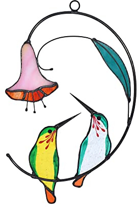 Cute Birds Stained Glass Suncatcher Birds Stained Glass Window Hangings for Home Decor (Green Hummingbirds 1 Pair)
