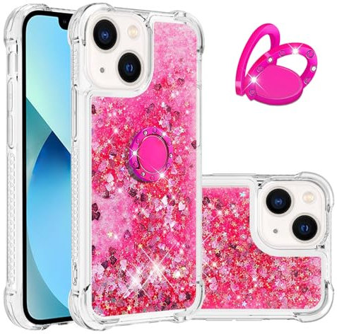 IMEIKONST Glitter Case Compatible with iPhone 13 Mini, Sparkle Quicksand Clear Slim Fits TPU Bumper Silicone Shell Metal Ring Stand Fuction Shockproof Cover for iPhone 13 Mini. Love Pink YBZ