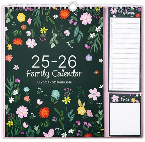 Familienkalender 2025-2026 - Wandkalender 2025-2026 von Juli 2025 - Dezember 2026, Familie mit 5 Spalten Layout, Einkaufslisten & Notizblock, Feiertage, 32 x 29,5 cm