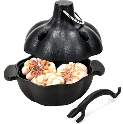 Pre-seasoned Cast Iron Garlic Roaster, Heavy Duty Garlic Roaster with Lid