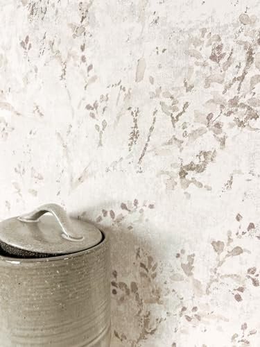 Newroom Tapete Beige Vliestapete Blätter - Mustertapete Floral Hellgrau Lila Äste Blätterranke Vintage 3D Optik Blumentapete Zweige inkl. Tapezier-Ratgeber
