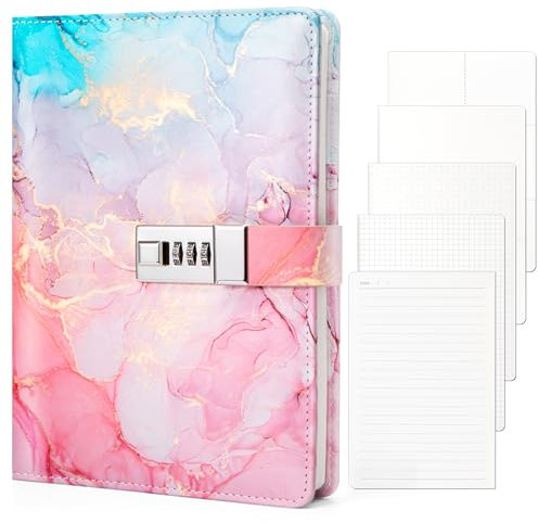 Toplive Marmor Tagebuch mit Schloss, A5 PU Leder Journal mit Schloss 144 Seiten, abschließbares Tagebuch für Mädchen und Frauen, Marmor Pink