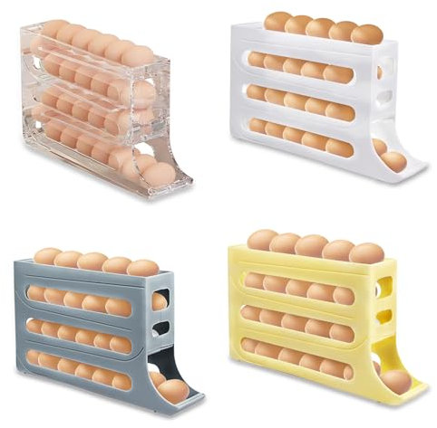 Dispensador De Huevos,Bandeja para Huevos de 4 Niveles, Caja De Almacenamiento De Huevos, Huevera para Nevera, Organizador De Huevos De Plástico Duradero (Blanco)