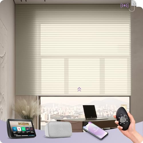 Graywind Customized Smart Shangrila Blinds with WiFi Hardwired Motor, Light Filtering Electric Roller Blinds With Remote Control, Privacy Motorised Shades Compatible Alexa Google, Beige