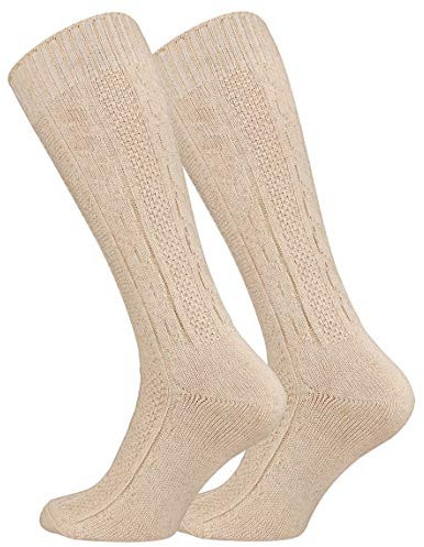 Cotton Prime Unisex Trachtensocken Trachtenstrümpfe, Kniehoch mit Zopfmuster, Naturfarben, Leinen-Baumwollgemisch, Perfekt für Lederhose und Dirndl, Gr. 35-38