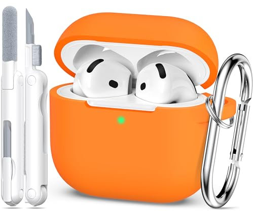 MHYALUDO Kompatibel mit AirPods 4. Generation Hülle Cover 2024, Weiches Silikon in Militärqualität, Stoßdämpfung, Kompatibel mit AirPods 4 Hülle mit Schlüsselanhänger und Reinigungsset,Orange
