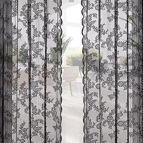 EUIEUT Spitze Vorhang Schwarz Ösenvorhang Spitze Gardinen Blumenmuster Transparent Gardinenschal Ösen Gardinen Vintage Dekoschal Curtain für Wohnzimmer Schlafzimmer Küche (145 * 230cm,2er Set)