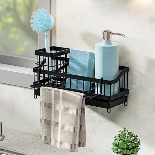 Porte Eponge Evier Cuisine, Organiseur Evier Cuisine avec Bac de Vidange Automatique, Range Eponge Evier Cuisine a Porte-brosse/Porte-serviettes Amovible, Organisateur Evier Cuisine avec Adhésif -Noir
