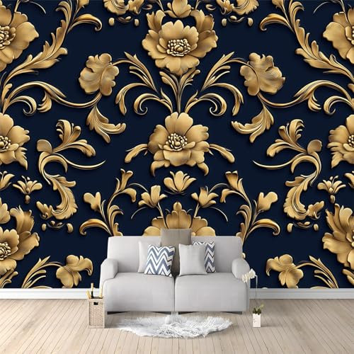 Papiers peints 200 x 140 cm Papier peint panoramique Revêtement mural décoration salon Décoration bleu marine doré Papier Peint Intissé Décoration Murale Or et noir