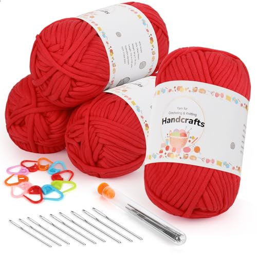 Aeelike 200g Rot Dicke Wolle mit Häkelzubehör, Häkelgarn für Anfänger, Kein Geteiltes Häkeln Garn, Strickgarn zum Häkeln mit gut Sichtbare Maschen, Baumwollgarn zum Stricken und Handstricken