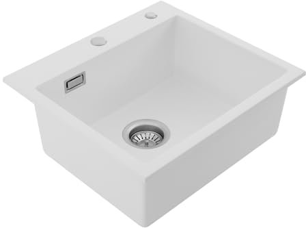 Fregadero de cocina de piedra de cuarzo rectangular con escurridor, tubo de desagüe para cocina para fregadero y encimera de cocina (blanco, 50 x 45 cm)