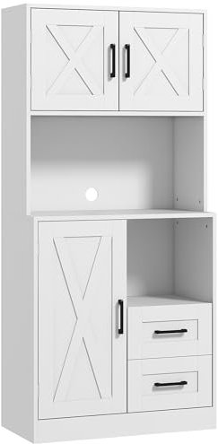 HOMCOM Alacena Rústica de Cocina Con 3 Puertas, Compartimentos Abiertos, 2 Cajones, Orificio Pasa Cables y Estantes Ajustables - Mueble Auxiliar 70x40x180 cm Blanco