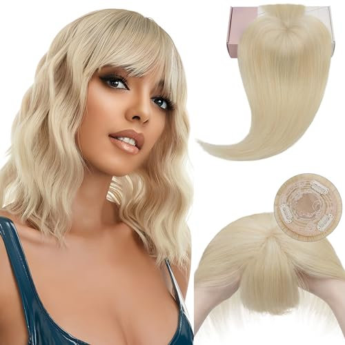Elailite Toupet Frauen Haarteil Echthaar Topper Pony MONO Clip in Extensions Haarverlängerung Remy Glatt #60 Platinblond - 25cm
