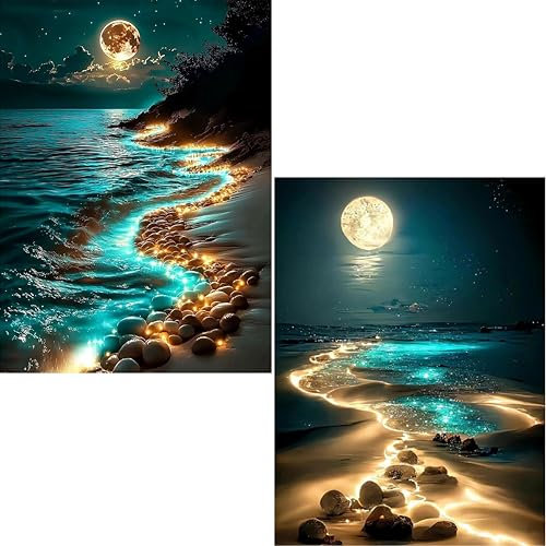 Hongyrjy 2 Stück Diamond Painting Erwachsene-Strand Diamant Painting Bilder,5D Diamend Painting Mondschein Bilder als für Geschenk Zuhause Wanddekoration 12x16inch