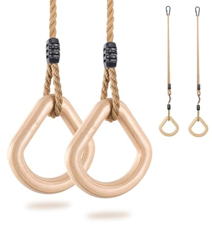 Holz Turnringe,Trapez schaukel,Schaukelringe mit Einstellbarer Hanfseil,Gymnastikringe für Kinder Indoor und Outdoor （Wassertropfen）