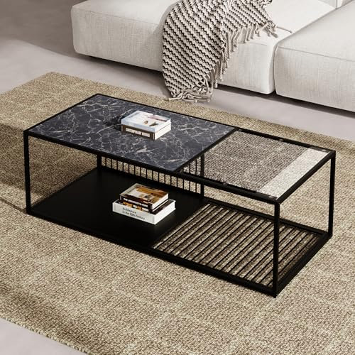 Mesa de centro, 110 x 48 x 35 cm, hierro + cristal, mesa de centro de hierro forjado con cristal, gran espacio de almacenamiento