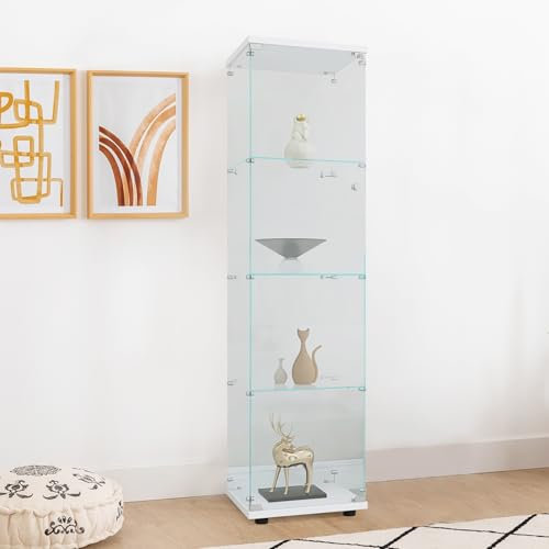 YNYHTER Vitrina de Cristal Salon, 164x42.5x36.5 cm Vitrina Expositora de Vidrio con Cerradura y Puerta 4 Estantes Vitrina Transparente Grande Vitrina de Colección para Salón Bar (4 Capas, Blanco)