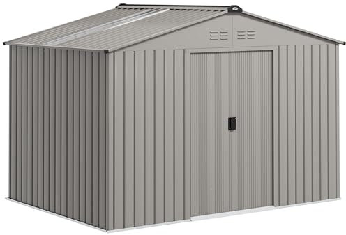 Outsunny Caseta de Jardín Exterior 4,9 m² 277x195x192 cm Efecto Madera Cobertizo de Jardín Exterior con Puerta Corredera Techo Inclinado Base Refuerzo (Suelo NO Incluido) y 4 Ventanas Gris Plata