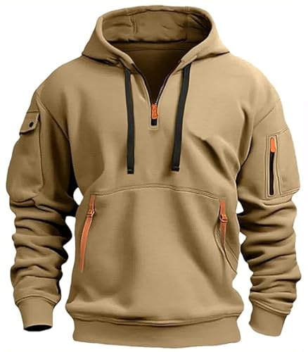 NLAND Uomo Felpe con Cappuccio a Mezza Zip Tasca Multifunzionale Casual Felpa Sportiva in Pile Pullover con Cappuccio,Kaki L