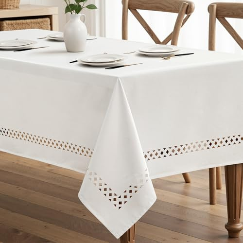 MIULEE Leinenoptik Tischdecke 140x240cm Rechteckig Wasserabweisend & Fleckabweisend Tischtuch aus Polyester mit Eleganten Hohlsaum Design für Esstisch Küche Garten Party Weiß