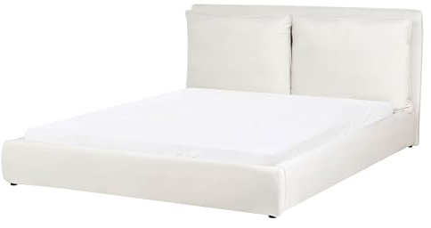 Beliani Modern Fabric EU King Size Bed Frame 5ft3 Velvet Upholstery Cushioned Headboard Off-White Bajonna
